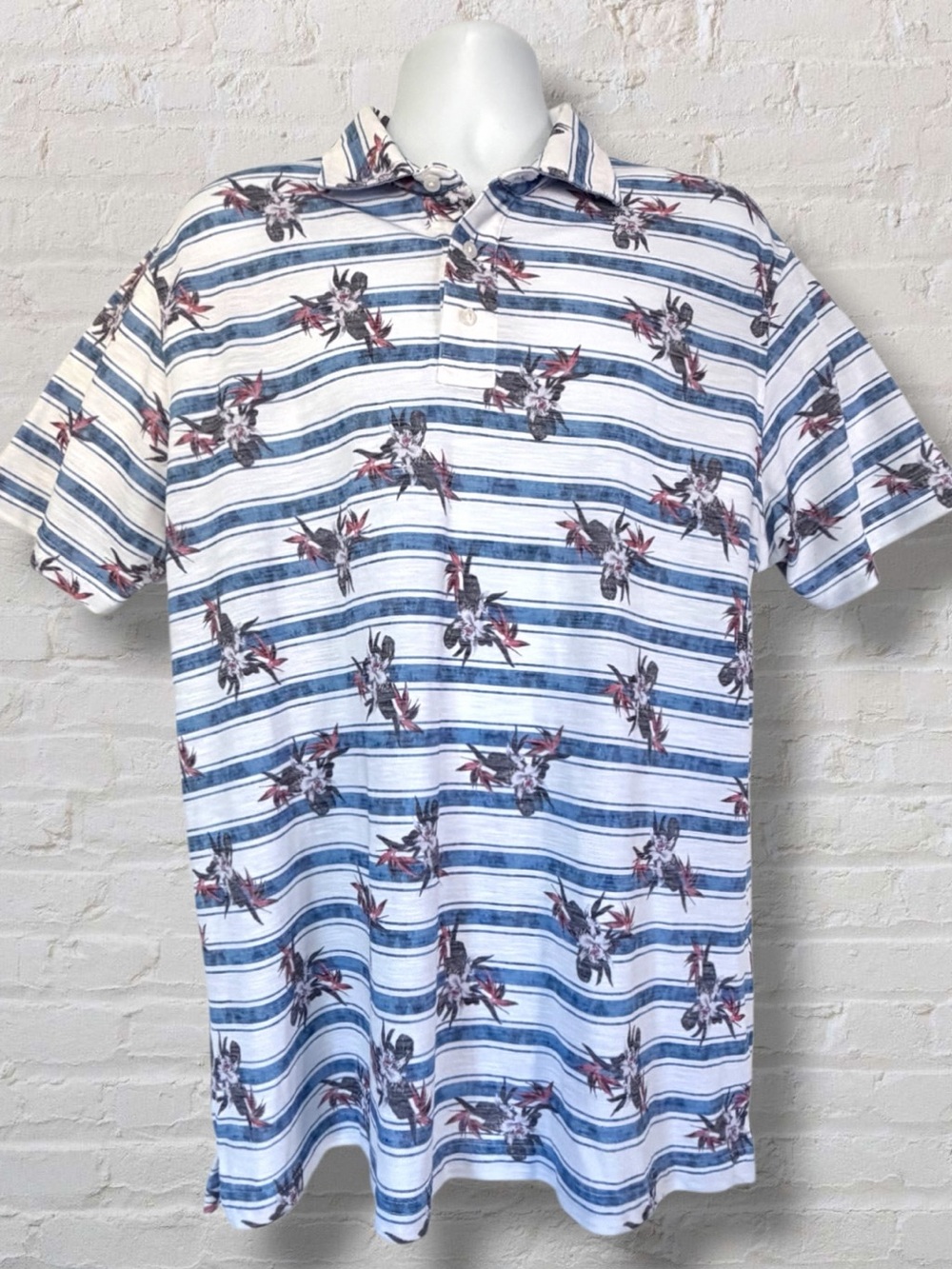 Cremieux Classics Men’s XL Tropical Floral Stripe Polo Shirt Blue White